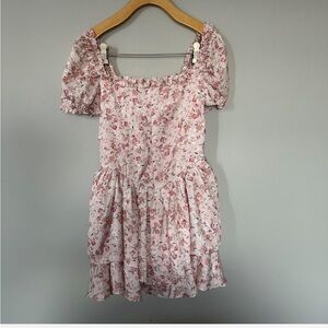 Loveshackfancy style floral off shoulder mini dress